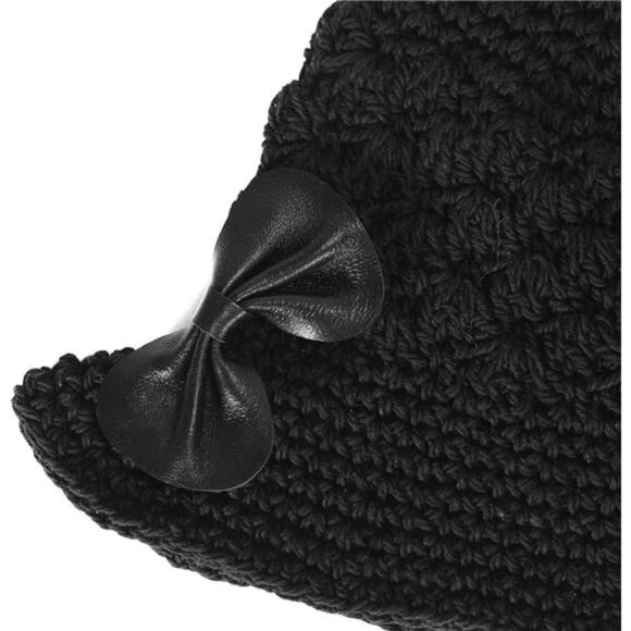 Women Winter Crochet Bucket Hat Bow Black